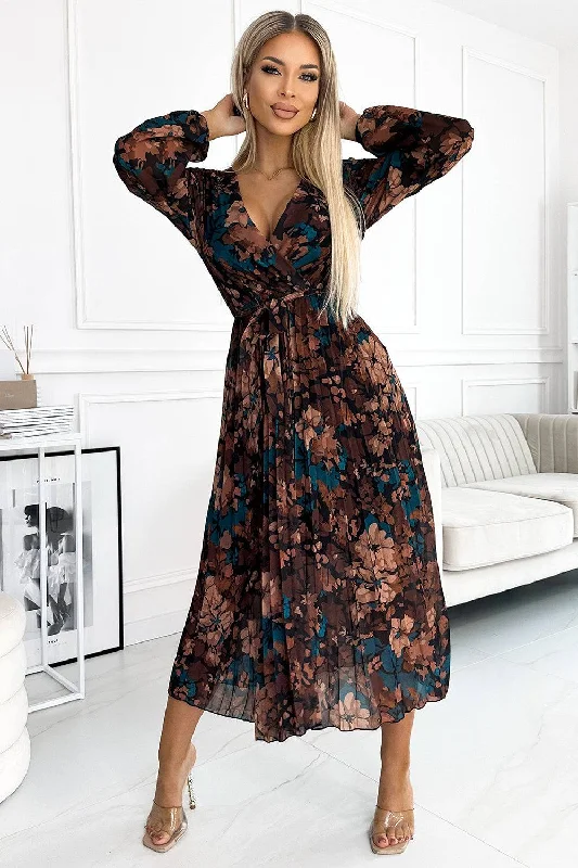 Casual Apparel For Women Spring Fashion Numoco Basic 519-2 Pleated chiffon long dress with a neckline, long sleeves and a belt - brown-blue flowers