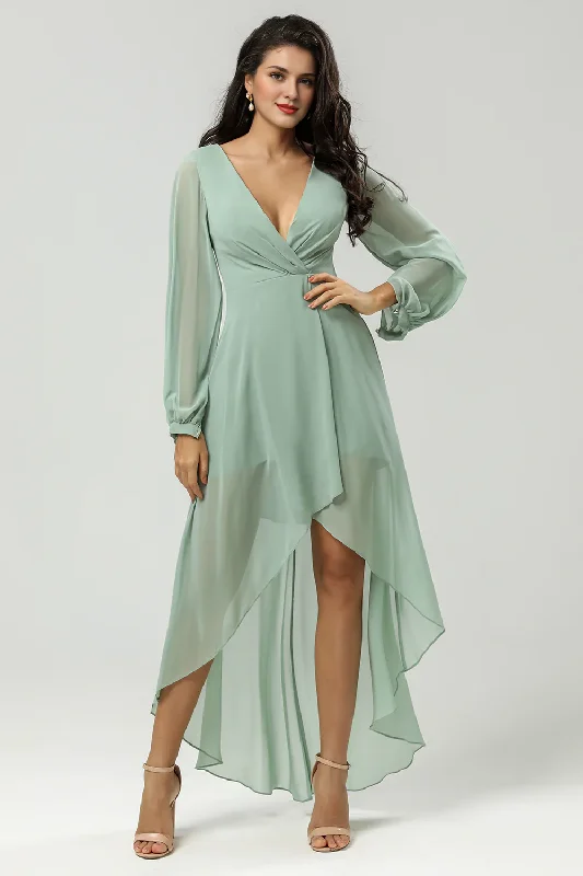 Women's Chic Outerwear Garments Seasonal Trends A-line collar long sleeved chiffon matcha bridesmaid dress