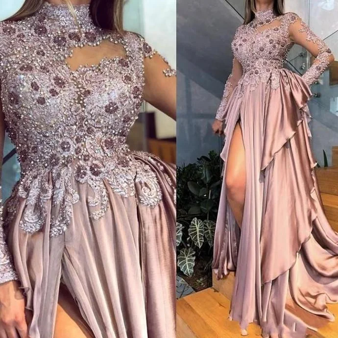 Women's Clothes And Apparel Father'S Day Deals Arabic High Neck Evening Dresses Illusion Long Sleeves Prom Dress With Beads Sequins Appliques Side Split Plus Size Party Gown   cg13614