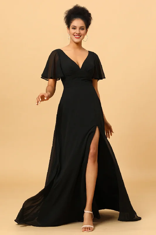 Comfortable Outfit For Women Father'S Day Deals Black A-line V-neck slit chiffon and floor length bridesmaid dress