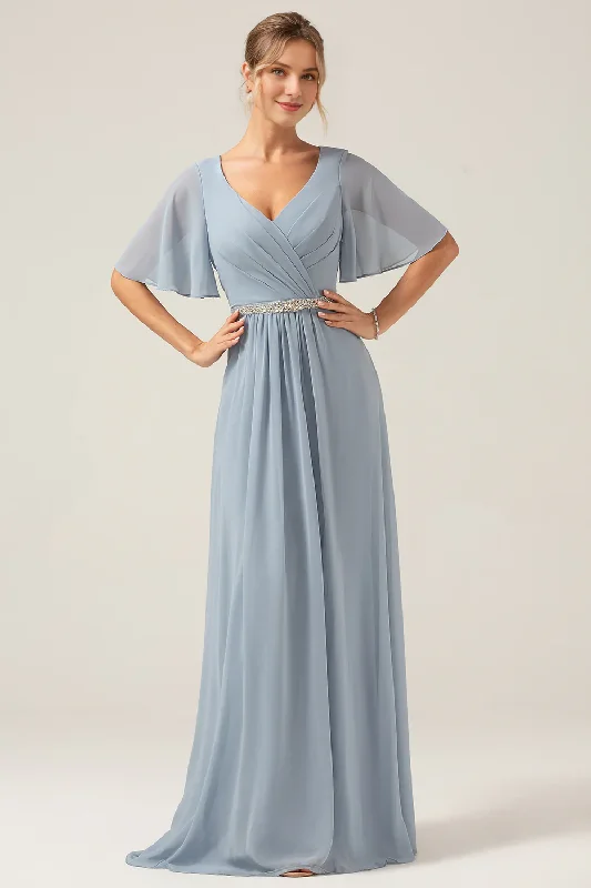 Women's Tops And Clothing Stylish Savings Grey blue A-line V-neck chiffon short sleeved and floor length bridesmaid dress