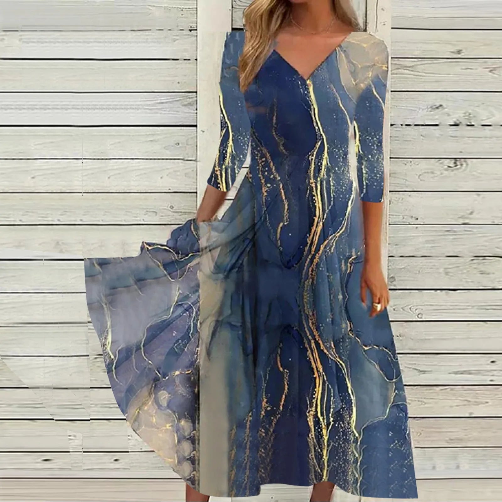 Chic Clothing For Women Day-To-Night Styles Casual Fashion Chiffon V Neck Long Sleeved With Large Hem Spring Vintage Printed Long Maxi Vestidos Mujer Dress