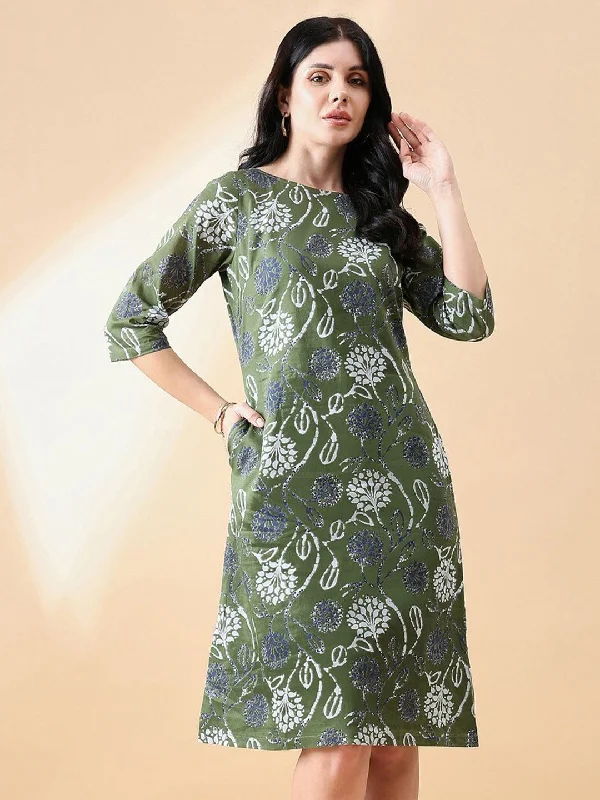 Luxury Women's Clothes Feminine Soft - Hued Styles A-Line cotton floral printed dress- Olive