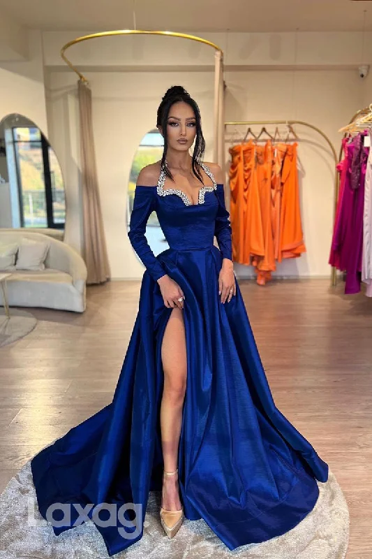 Women's Seasonal Clothes Holiday Sale 22125 - A-Line Halter Beaded Sleek Satin High Slit Party Prom Formal Evening Dress