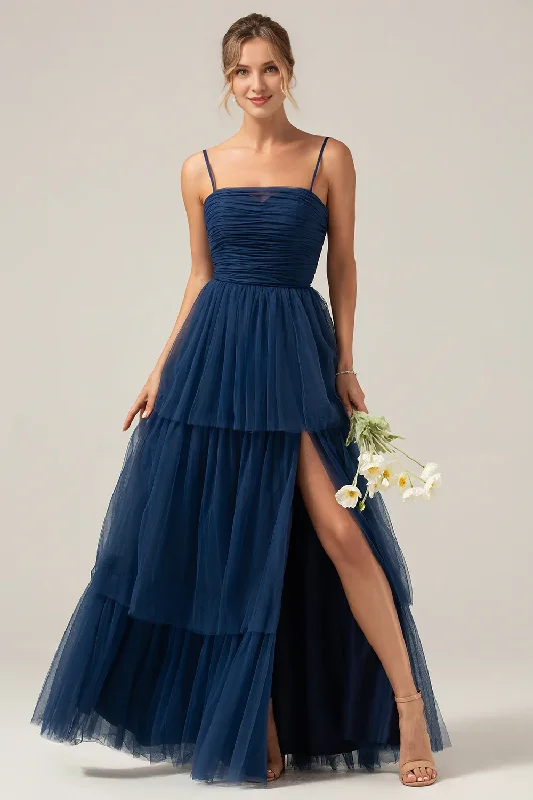 Women's Formal Event Clothing Hot Trends Navy blue A-line thin shoulder strap chiffon pleated long slit bridesmaid dress