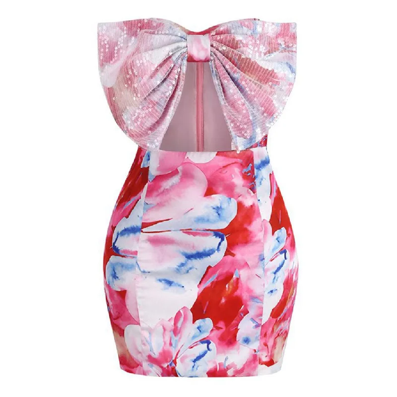 Women's Everyday Apparel Summer Essentials Fancy Sequin Big Bow Cutout Strapless Floral Printed Bodycon Mini Party Dress