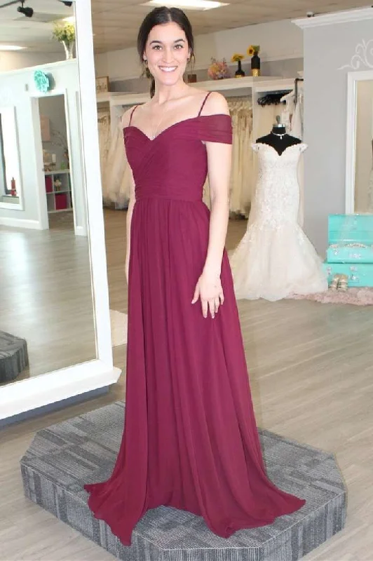 Women's Fashion-Forward Apparel Latest Fashion Burgundy Chiffon Cold-Shoulder A-Line Bridesmaid Dress