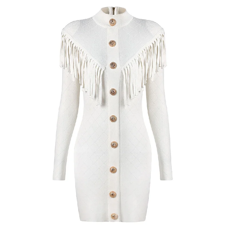 Women's Clothing For Special Occasions Fashion For Every Occasion Military Mock Neck Metallic Button Fringe Long Sleeve Bodycon Sweater Mini Dress