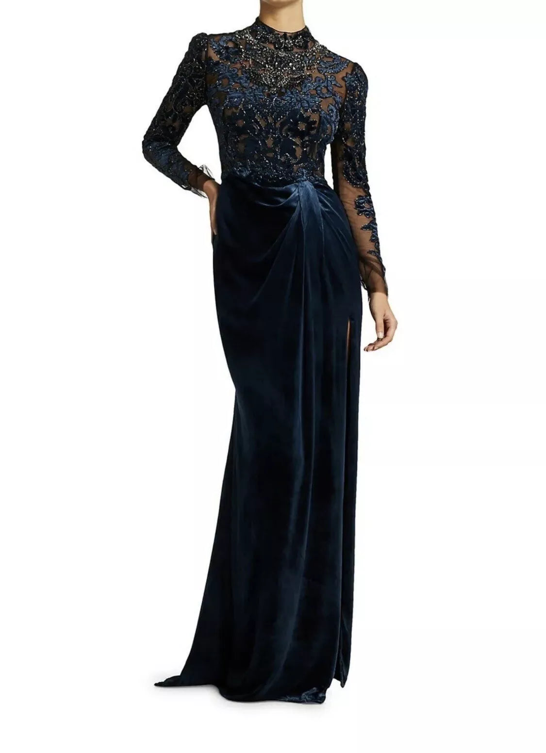 Women's Elegant Clothes Season Sale Autumn Winter Velvet Dress Formal Beaded Long sleeves Backless Long Length Split Fork Gorgeous Evening Dress