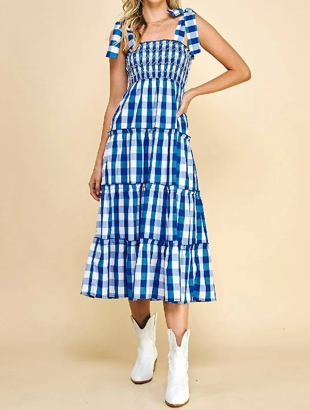 Charming Everyday Clothing For Women Hot Trends Gingham Print Tiered Maxi Dress In Blue