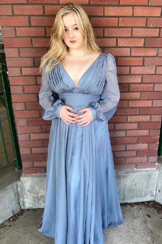 Women's Apparel And Garments Great Prices On Feminine Styles Dusty Blue Plunge Long Sleeve Bridesmaid Dress