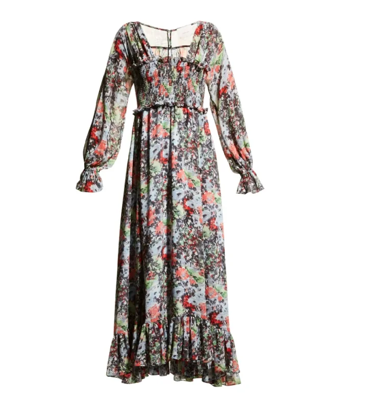 Women's Work Apparel Update With Cottagecore Styles Leigh Floral Square Neck Long Sleeve Smocked Maxi Length Dress Multi in Floral/Multi