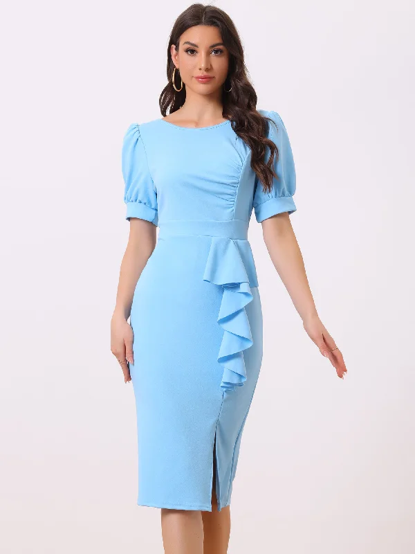 Women's Party Outfit End - Of - Month Blowout Puff Sleeve Solid Color Ruffle Slit Bodycon Midi Dress