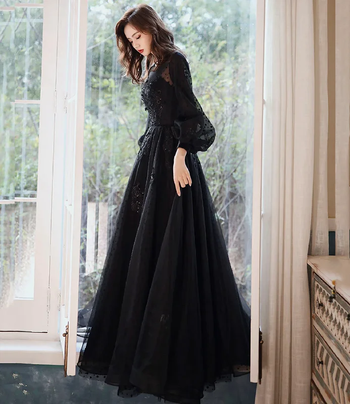 Women's Elegant Outfit Wardrobe Essentials Black lace long prom dress A line evening gown Y1294