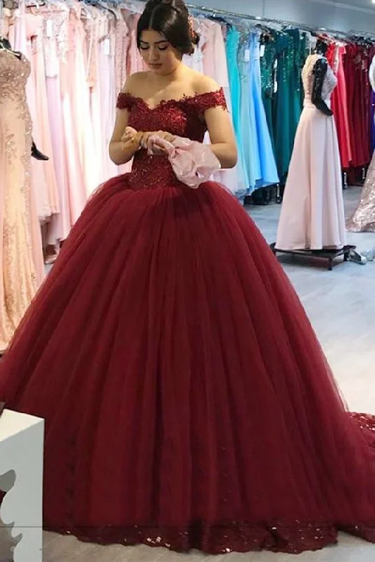 Vintage-Inspired Garments Casual Chic Off Shoulder Tulle V-neck Lace Burgundy Wedding Dresses Ball Gowns