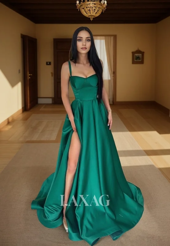 Women's Trendy Activewear Apparel Limited-Time Offer 21905 - A Line Sweetheart Green Satin Simple Long Formal Prom Dress with Pockets