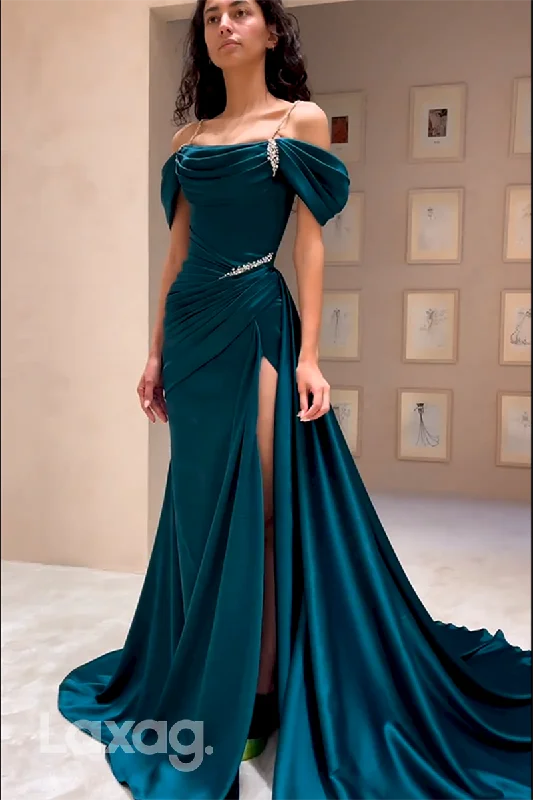 Women's Comfortable Clothes For Weekends Spring Fling Sale 22146 - Off-Shoulder Beaded Draped Sleek Satin High Slit Prom Dress with Train