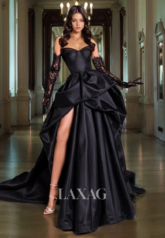 Formal Attire For Women Mother'S Day Special 21793 - Sweetheart Thigh Slit Sheath Black Satin Prom Dress With Lace Gloves