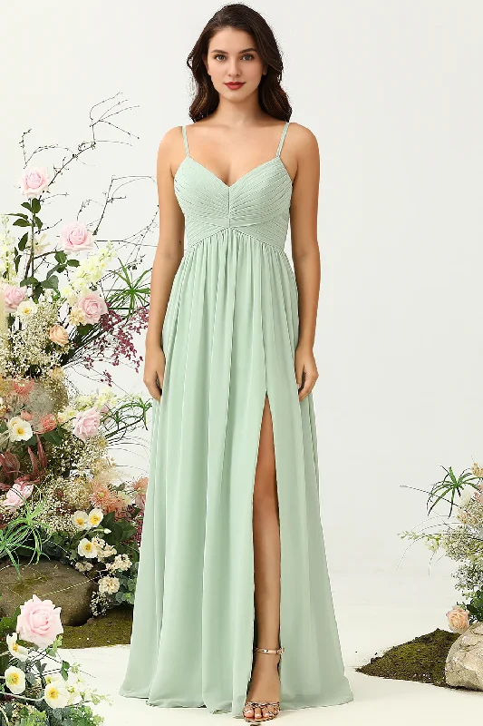 Women's Evening Wear Attire Clearance Event Sage A Line slim shoulder strap pleated long slit chiffon bridesmaid dress