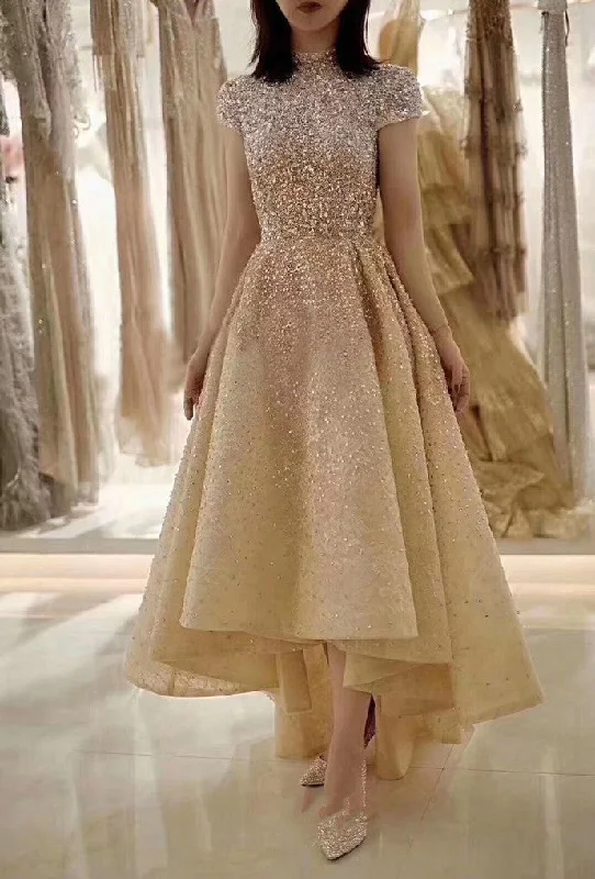 Women's Stylish Professional Apparel Spring Fashion Gold Prom Dress,A-Line Prom Gown,O-Neck Evening Dress,Beading Prom Gown    cg13429