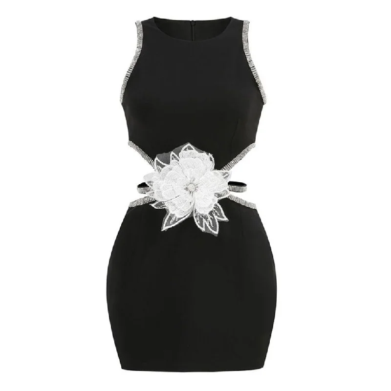 Fashion-Forward Women's Clothing Hot Trends Sexy Rosette Rhinestone Cut Out Crew Neck Sleeveless Bodycon Mini Party Dress