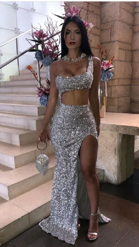 Women's Travel Outfit Set Fashion Forward silver prom dress, sequin prom dresses, evening gown Y1036