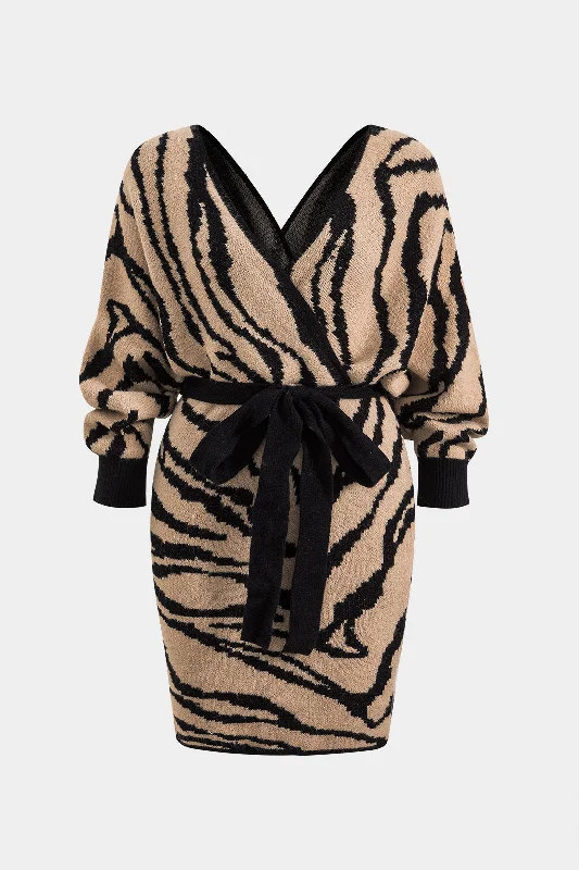 Women's Seasonal Apparel Holiday Sale Plus Size Zebra Stripe Print Knit Tie-Up Crossed Long Sleeve Dress