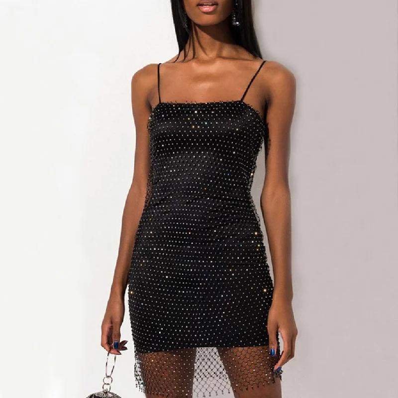 Women's Clothes Seasonal Trends Sparkly Mesh Diamante Spaghetti Strap Bodycon Mini Dress - Black