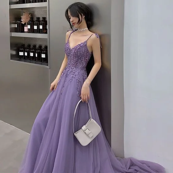 Women's Casual Garments Cool Prices Lavender Evening prom Dresses A-Line prom gown Princess V-Neck Sleeveless Appliques Lace Sweep Train   cg14202