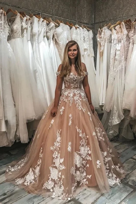 Women's Elegant Formal Outfit Stylish Spring Fashion Ball Gown Off the Shoulder Lace Appliques Tulle Prom Dresses   cg14723