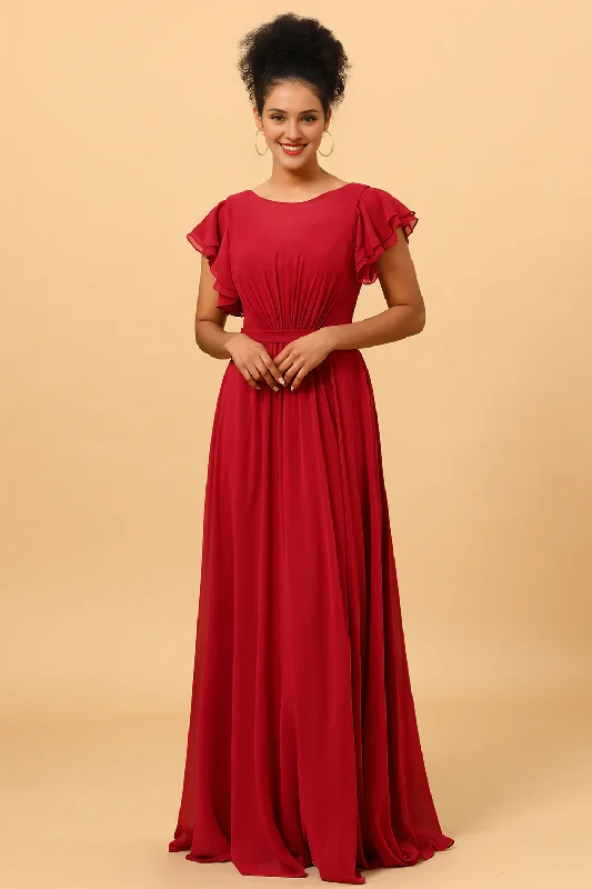 Women's Outfit Update With Cottagecore Styles Wine red ruffled pleated long chiffon bridesmaid dress