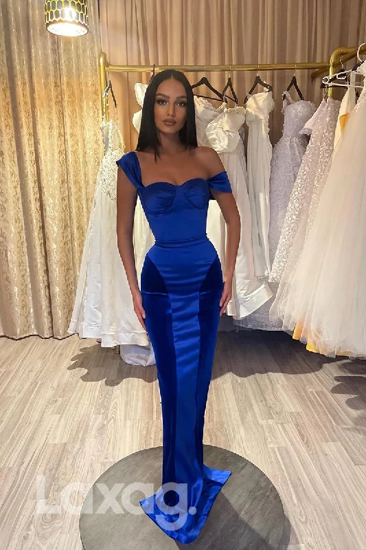 Women's Everyday Apparel Spring Wardrobe 21850 - Royal Blue Off Shoulder Satin Velvet Prom Evening Dress