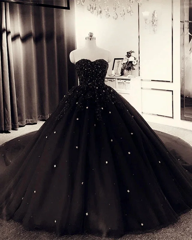 Women's Outerwear Garments Season Sale Sweetheart Ball Gown Crystals Black Prom Dresses Beaded Quinceanera Dresses