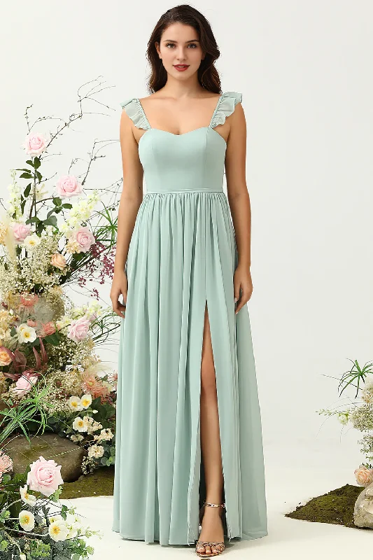 Women's Outdoor Attire Huge Savings On Parisian Styles Dusty Sage A-line thin shoulder strap ruffled chiffon bridesmaid dress