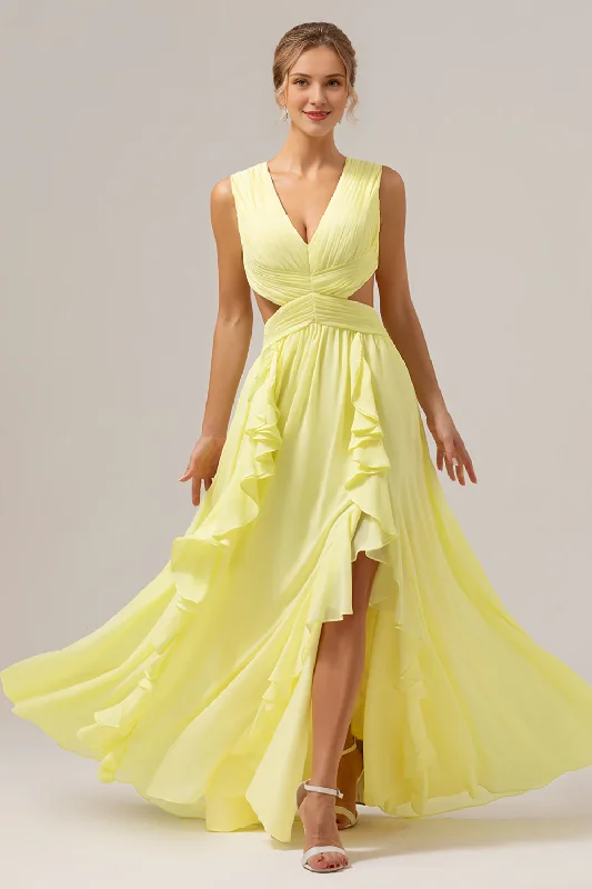 Women's Night-Out Outfit Seasonal Trends Lemon yellow A-line V-neck hollow out ruffle edge pleated long bridesmaid dress with slits