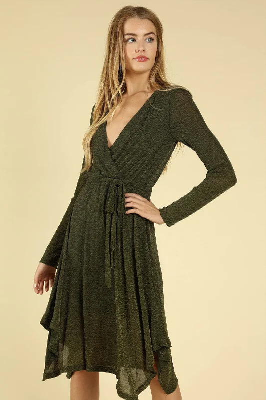 Women's Luxury Apparel Elevate Your Wardrobe Shimmering Long Sleeve Wrap Dress, Olive