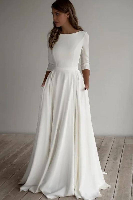 Women's Holiday Attire End Of Season Sale Simple Floor Length 3/4 Sleeves Satin Wedding Dresses with Pockets