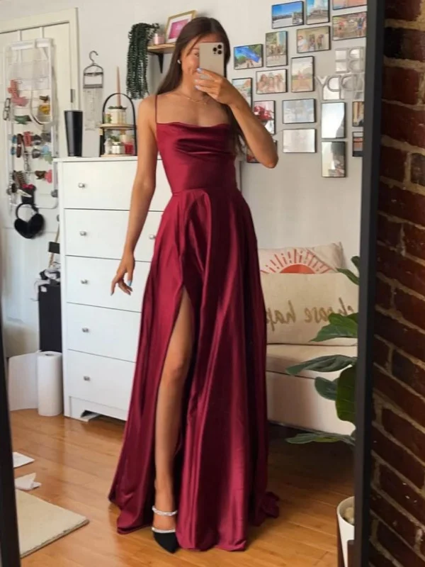 Chic Women's Outfit Elevate Your Wardrobe Simple A Line Burgundy Satin Long Prom Dresses with High Slit, Long Burgundy Formal Graduation Evening Dresses SP2527