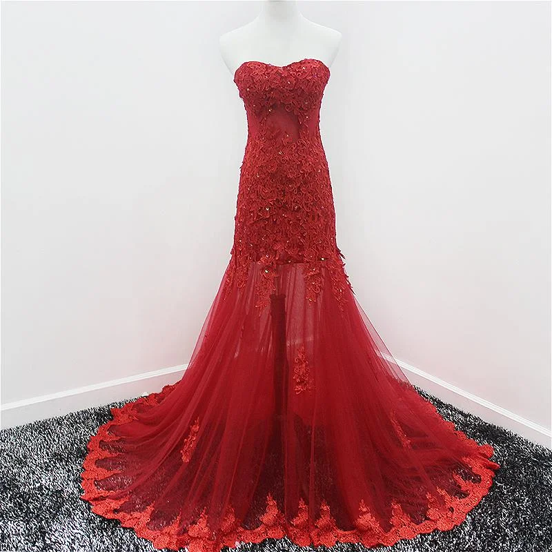 Women's Comfortable Clothes For Weekends Evening Looks Beautiful Mermaid Tulle Sweetheart Evening Gown, Wine Red Lace Applique Prom Dress   cg12806