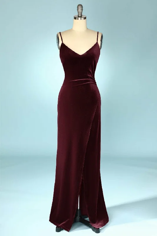 Women's Night-Out Clothes Beat The Heat In Tropical Styles Burgundy Velvet V-Neck Straps Long Bridesmaid Dress with Slit