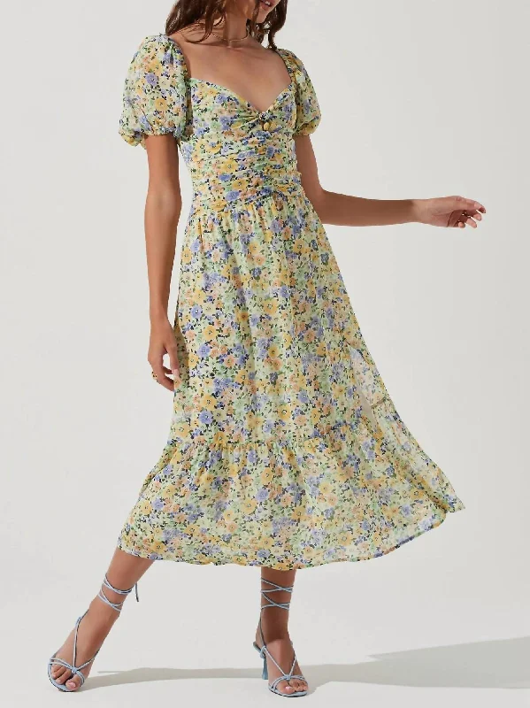 Women's Vintage-Inspired Outfit Big Savings On Rustic Countryside Styles Irma Puff Sleeve Midi Dress In Yellow/green Floral