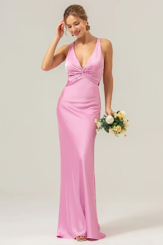 Women's Casual Wear Outfit Limited-Time Offer Pink fish tail deep V-neck pleated long bridesmaid dress