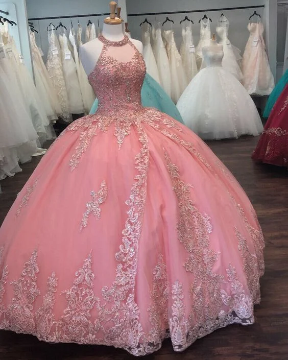 Women's Evening Wear Outfit Latest Trends Pink Halter Ball Gown Dress With Lace ,prom dresses   cg14878