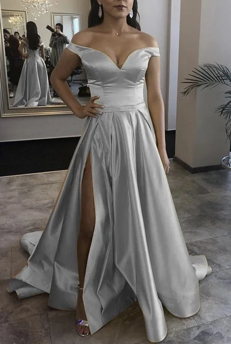 Women's High-Fashion Outfit Fashion Forward Silver prom long dresses 2021 off the shoulder split gown    cg14790