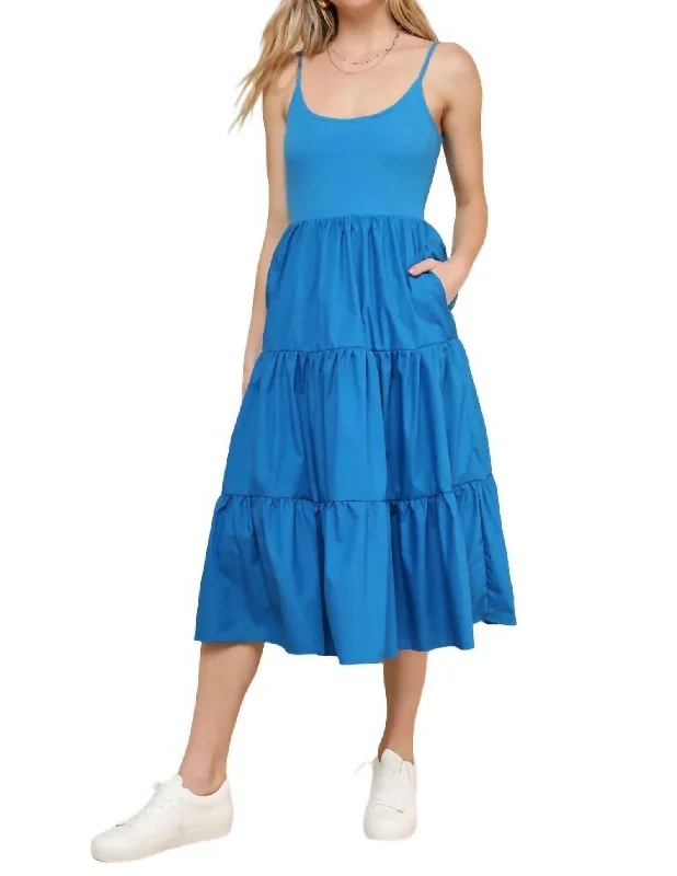 Women's Resort Apparel Elegant Style Lovable Sleeveless Tiered Midi Dress In Cobalt