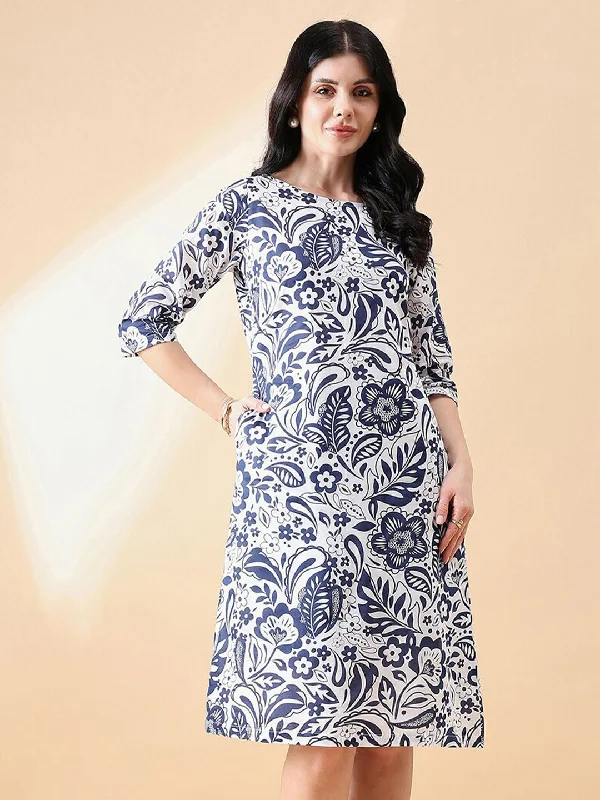 Women's Clothing For Outdoor Activities Save Big A-Line cotton floral printed dress- NAVY & WHITE