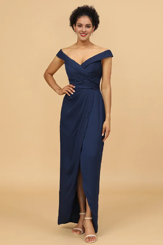 Women's Floral Print Outfit Trend Alert Navy blue tight fitting/straight tube off shoulder satin bridesmaid dress