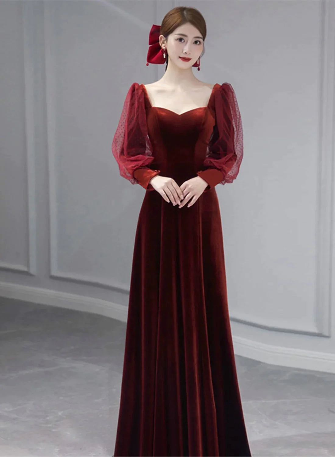 Women's Chic Outerwear Outfit Stylish Savings Wine Red Velvet Long Sleeves Floor Length Bridesmaid Dress, Wine Red Long Prom Dress