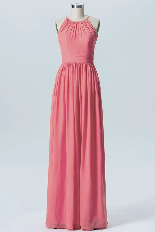 Stylish Women's Apparel Clearance Event Coral Pink Chiffon Halter Sleeveless Bridesmaid Dress