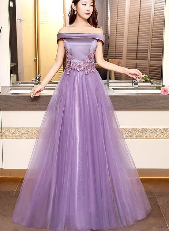 Women's Elegant Outfit Chic Outfits Beautiful Purple Long Party Gown 2020, Off Shoulder Prom Dress   cg12300